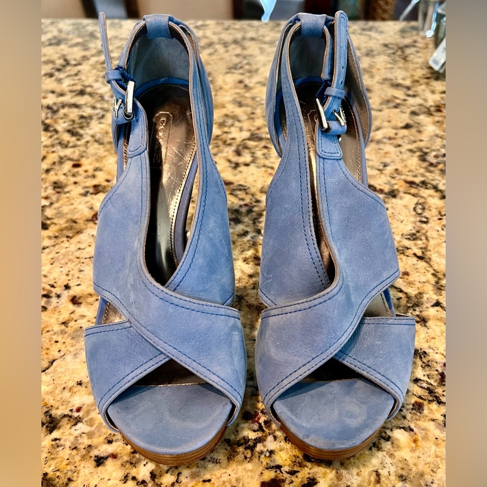 Like New COACH Adelle Blue Suede High Heel Sandal Size 7.5